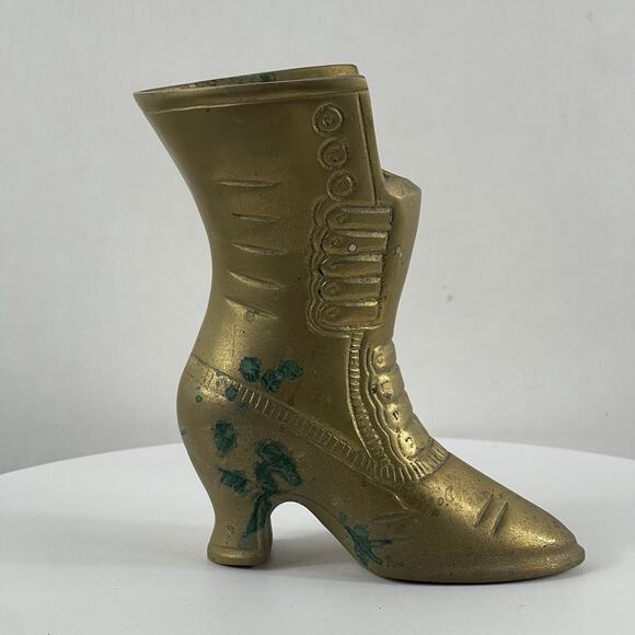 Vtg Brass Ladys Victorian Lace Up Boot Shoe Vase Home Decor 5” - Picture 3 of 9